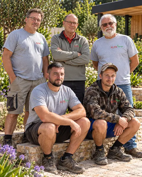 Équipe ALPA Paysage devant les véhicules de l’entreprise à La Ferté-Saint-Cyr