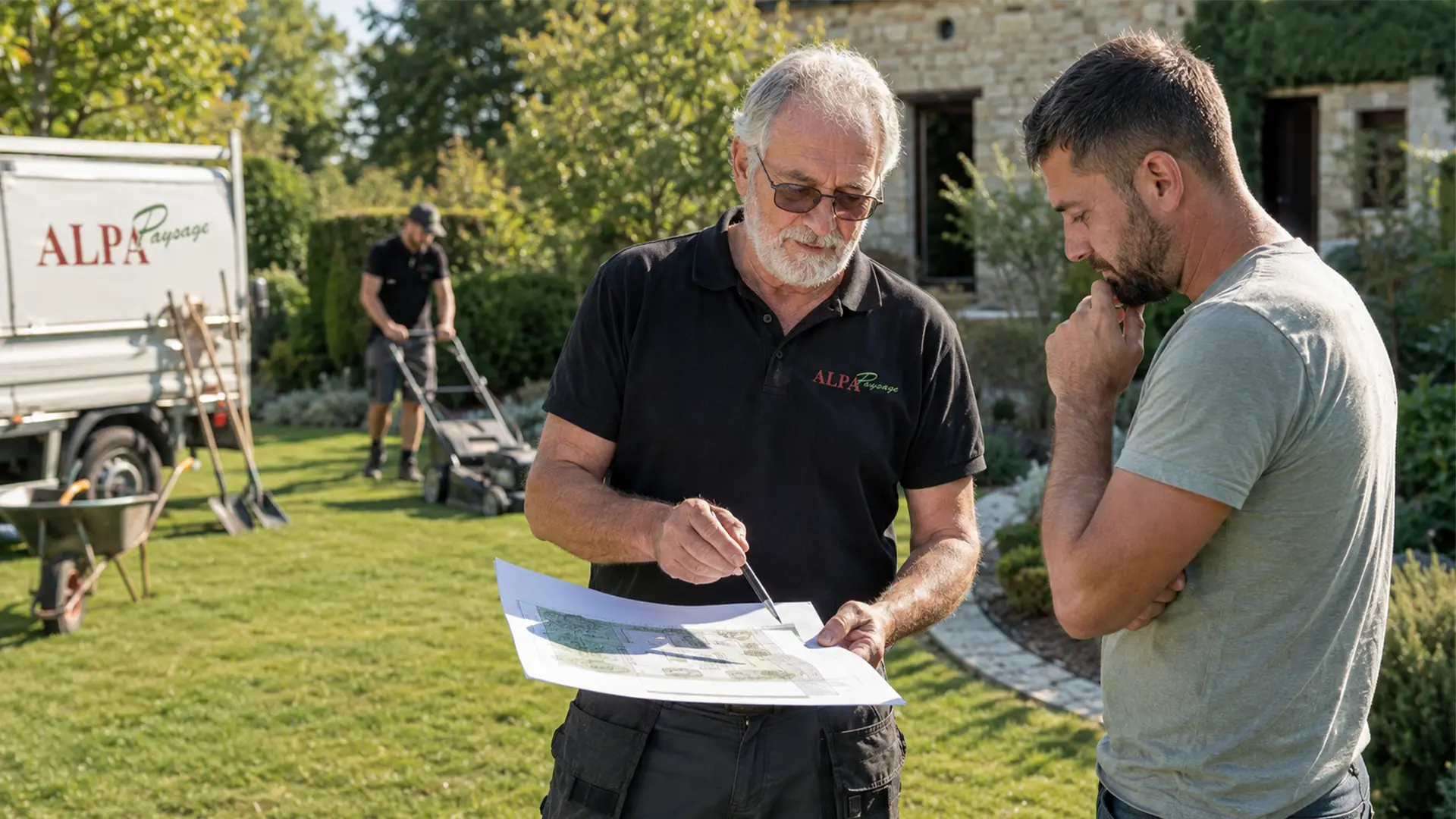 Paysagiste ALPA présentant un projet d’aménagement de jardin à un client