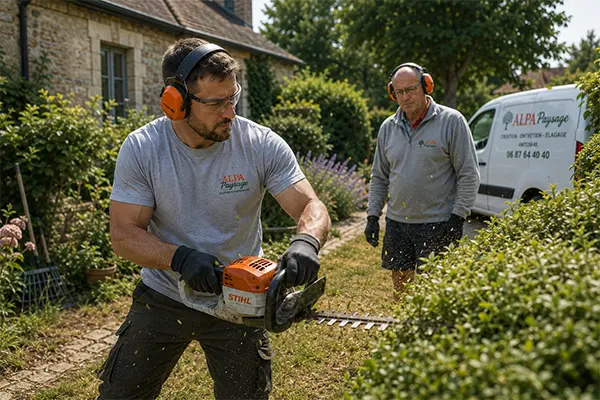 Paysagiste ALPA réalisant l’entretien d’un jardin dans le Loir-et-Cher