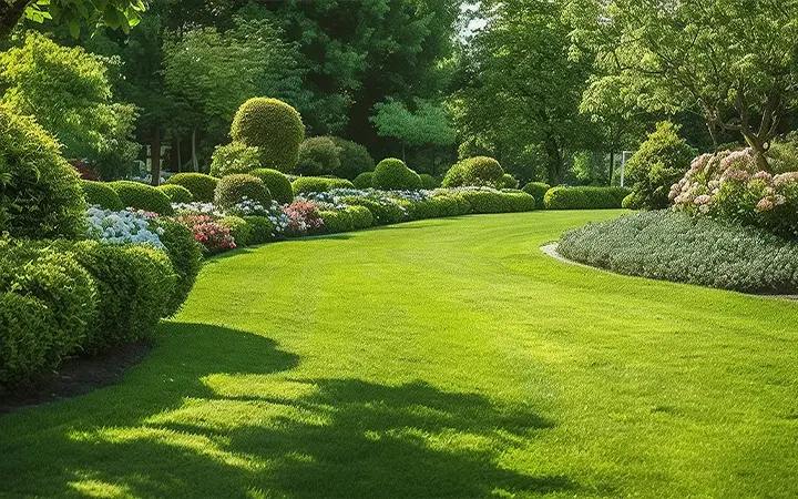 Pelouse entretenue dans un jardin paysager réalisé pour un client