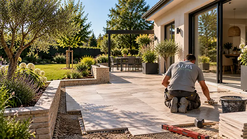 Paysagiste ALPA aménageant une terrasse extérieure attenante à une maison du Loir-et-Cher