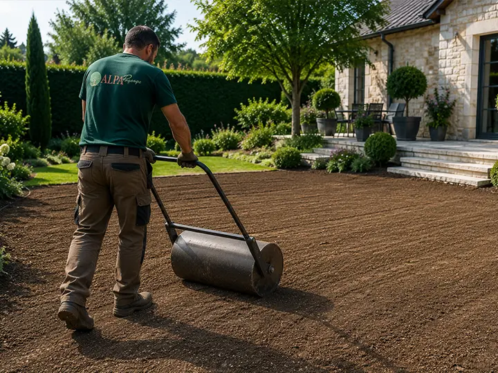 Pelouse engazonnée autour d’un bassin dans un jardin client