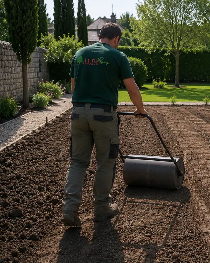 Paysagiste préparant le sol au rouleau avant l’engazonnement