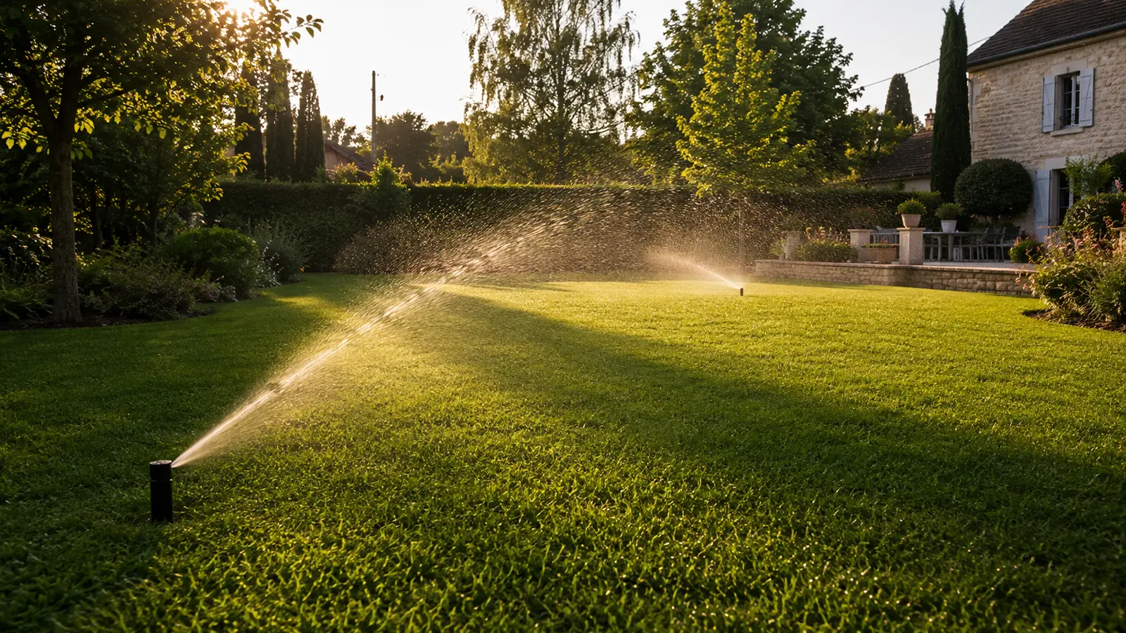Pelouse rénovée et entretenue par un système d’arrosage automatique