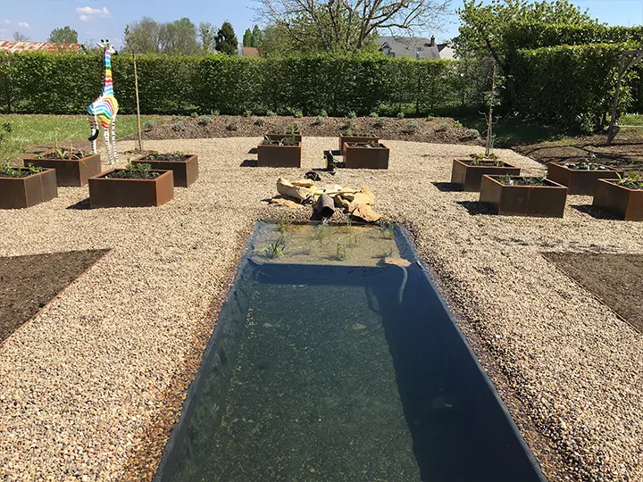 Bassin paysager et bacs en acier Corten intégrés à un jardin