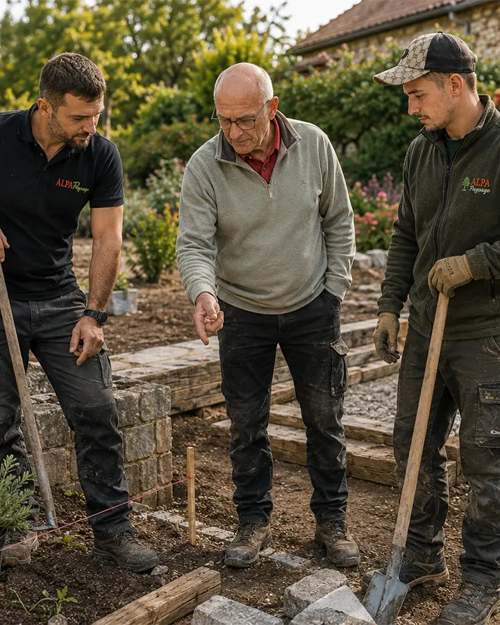 Chantier de création paysagère avec préparation du terrain et implantation des réseaux