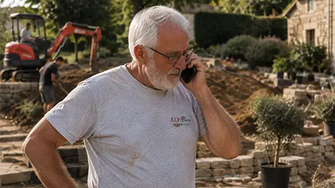 Professionnel ALPA au téléphone pour échanger sur un projet de désherbage mécanique