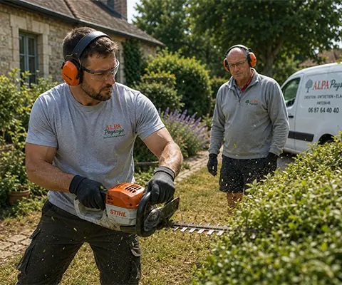 Paysagiste ALPA réalisant l’entretien d’un jardin dans le Loir-et-Cher