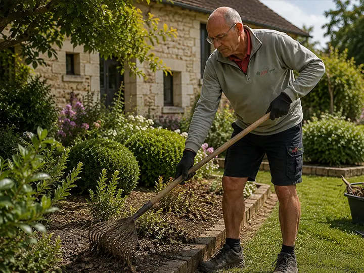 Paysagiste ALPA ratissant un massif dans un jardin du Loir-et-Cher