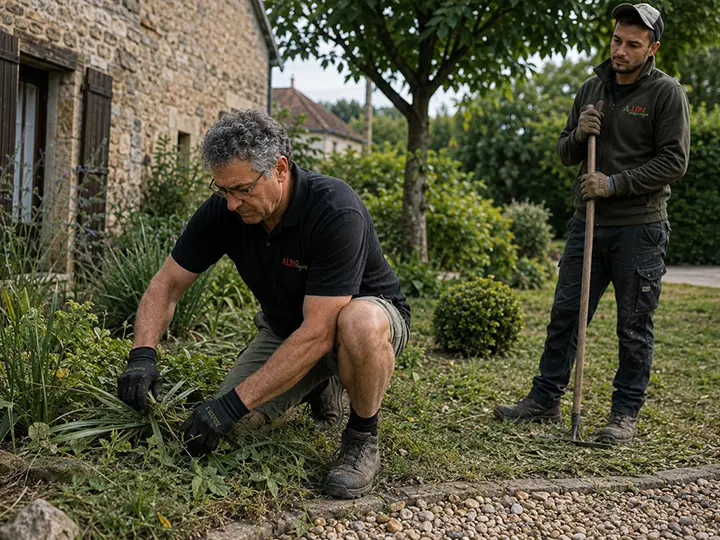 Deux paysagistes ALPA entretenant les massifs d’un jardin
